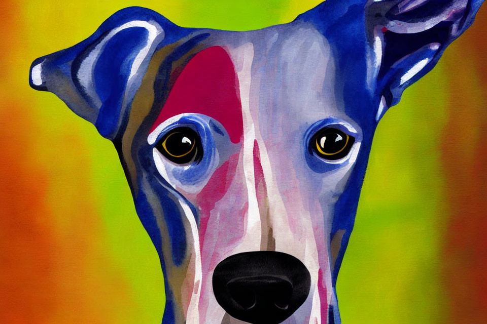 Vibrant abstract painting of a colorful dog on warm gradient background