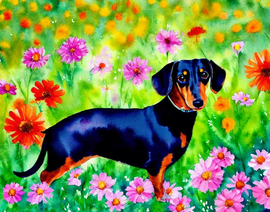 Vibrant dachshund painting in colorful flower field