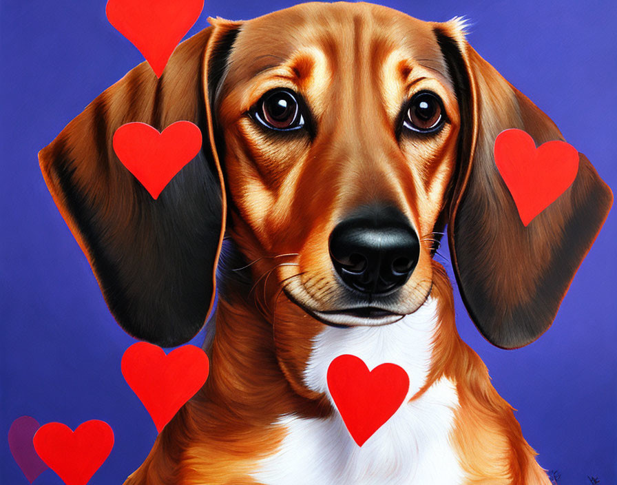 Colorful Dachshund Illustration with Expressive Eyes and Hearts on Blue Background