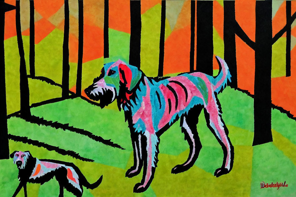 Vibrant painting: two stylized dogs in forest with green grass and patterned trees