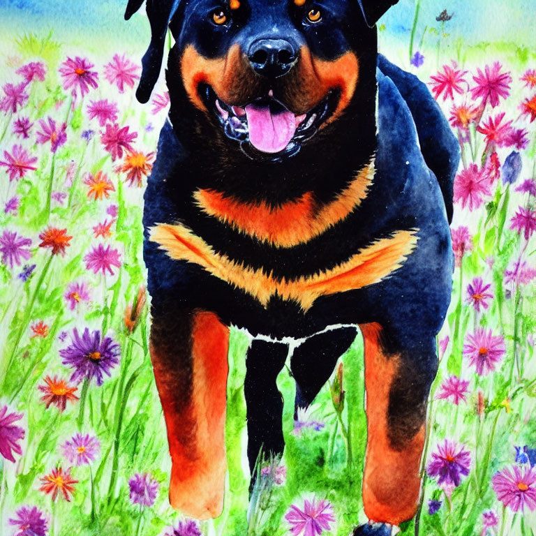 Colorful Watercolor Painting of Smiling Rottweiler in Meadow