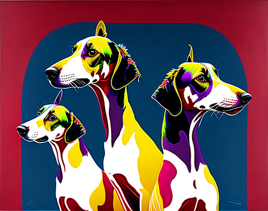 Vibrant pop art dogs with unique patterns on red background
