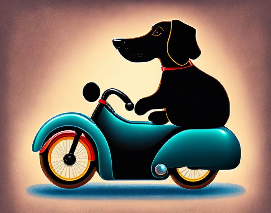 Illustration of black dog with red collar riding teal scooter on warm-toned background