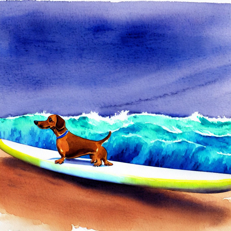 Cartoon dachshund surfing on vibrant blue waves
