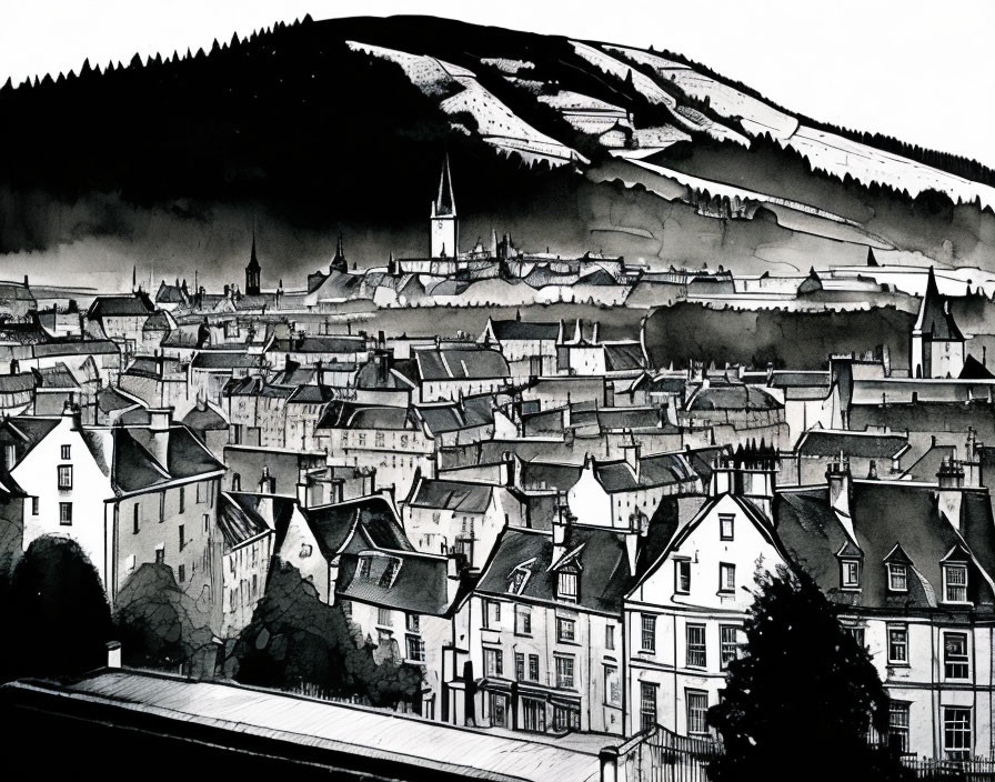 Monochrome illustration of a dense town with church spire and fog-covered hill