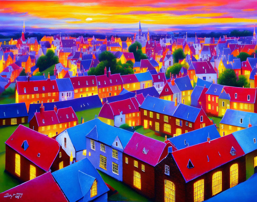 Colorful painting of quaint town at sunset with illuminated windows and dramatic sky