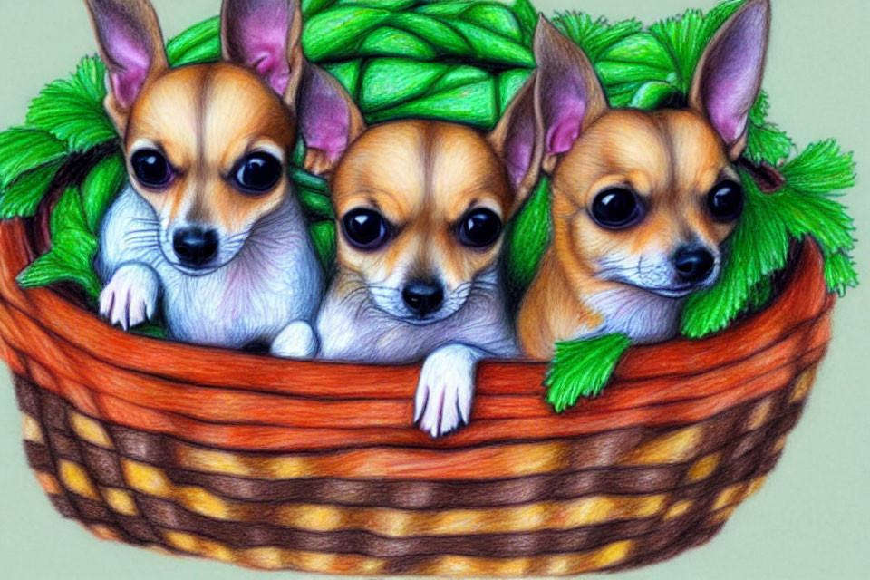 Adorable Chihuahua Puppies in Woven Basket with Green Leaves