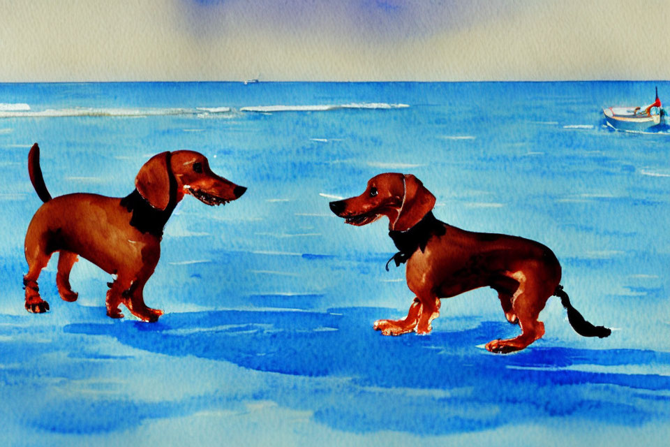 Two dachshunds on beach with boat and horizon