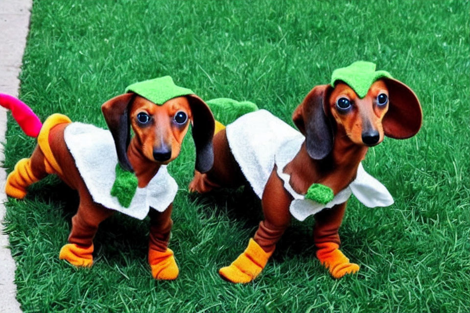 Two Dachshund Dogs in Green Hats and Sushi Costumes Outdoors