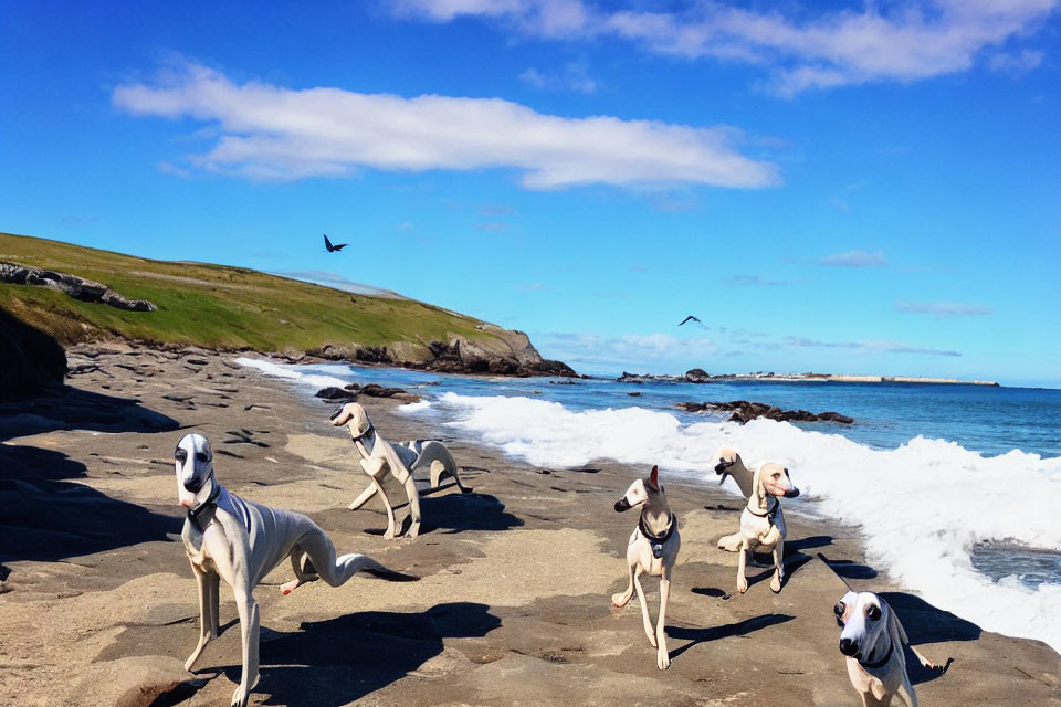 Dogs running on sunny coastal landscape with birds
