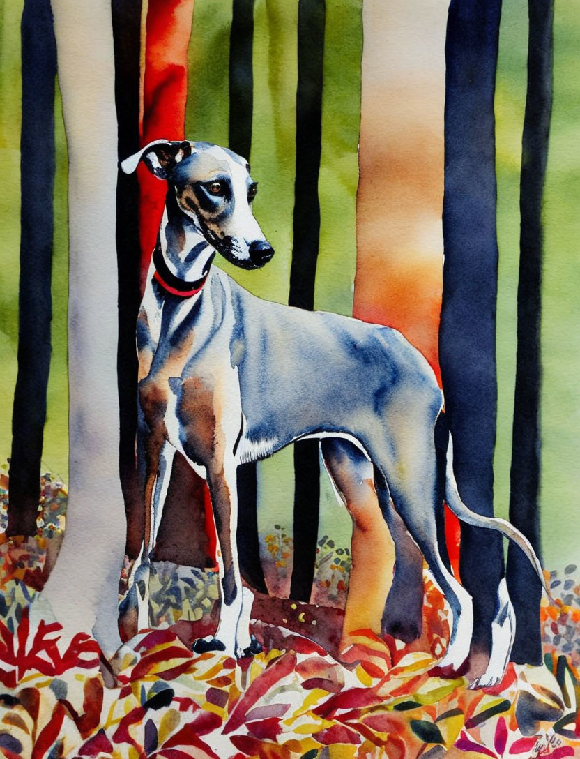 Slender greyhound in colorful forest with red foliage