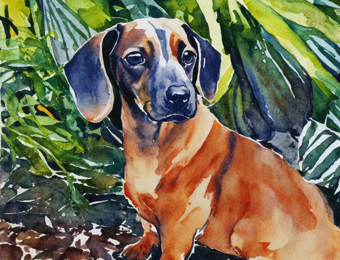 Vibrant watercolor painting of a dachshund in green foliage
