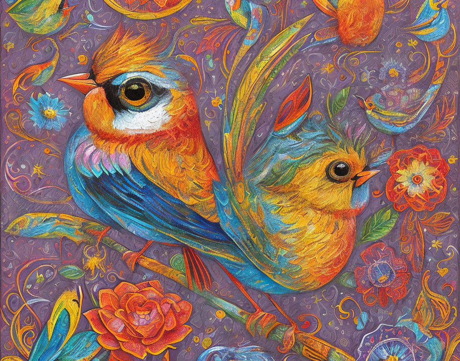 Colorful Stylized Bird Artwork with Whimsical Patterns and Flowers