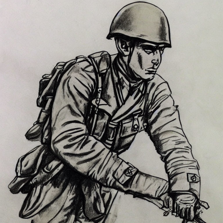 Detailed pencil sketch of soldier in helmet, uniform with insignia, carrying backpack, bracing for impact