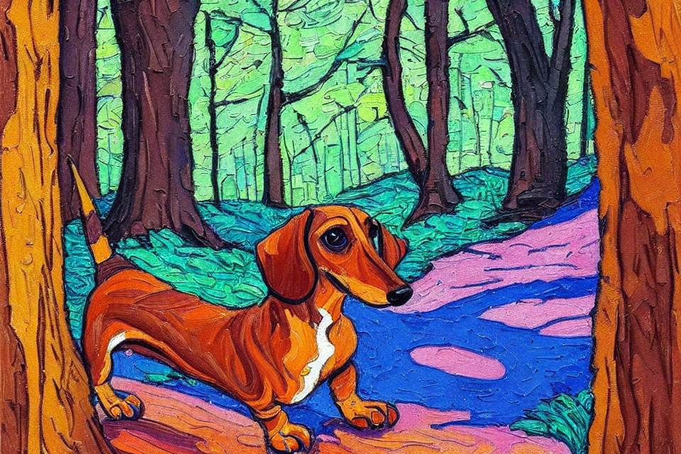 Vibrant painting of brown dachshund in colorful forest