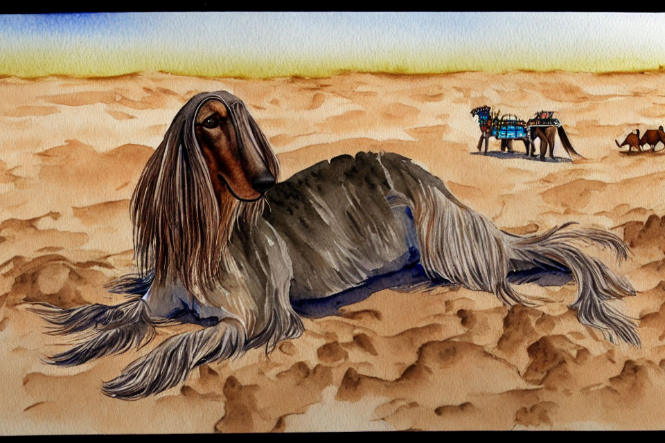 Giant dog lounging in desert landscape with caravan mirage