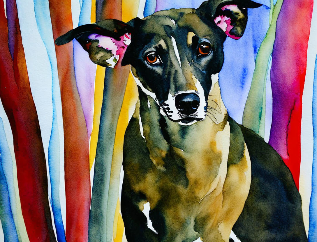 Colorful Watercolor Painting of Dog with Striking Eyes on Striped Background