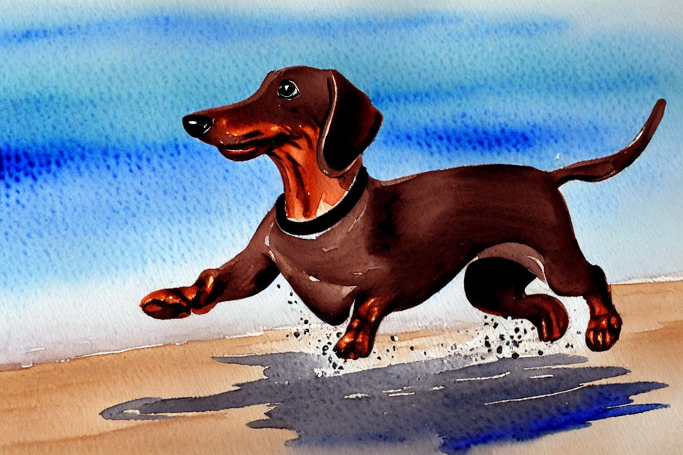 Joyful Brown Dachshund Trotting on Sandy Beach in Watercolor