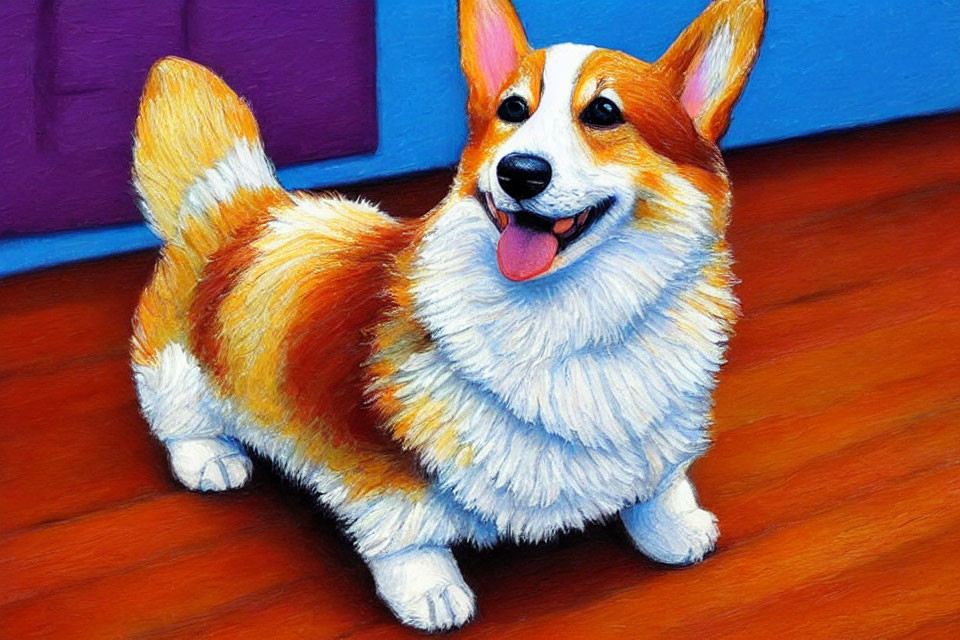 Colorful Happy Corgi Illustration on Purple and Blue Background