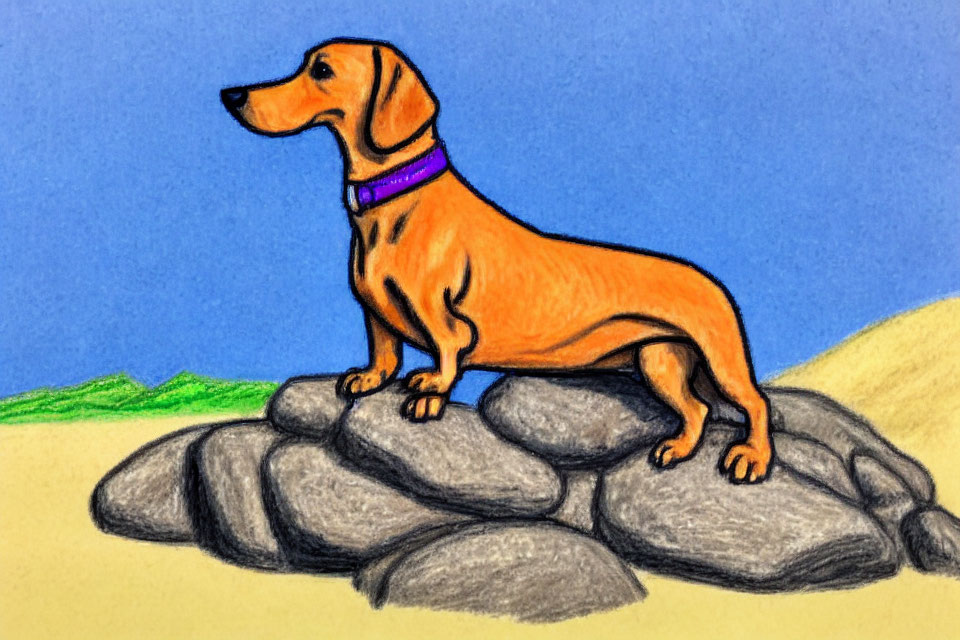Colored Pencil Drawing: Orange Dog with Purple Collar on Gray Rocks