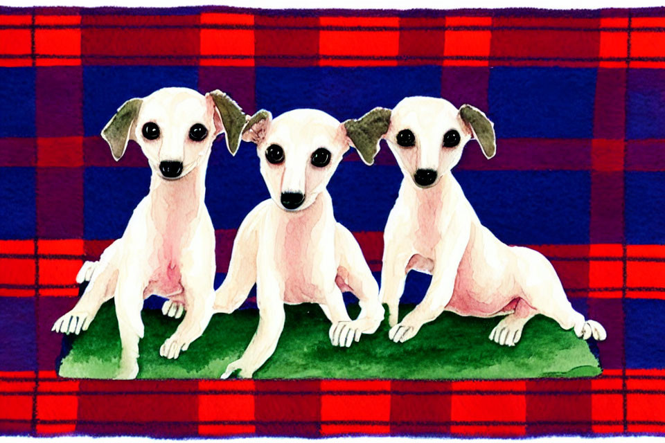 Three White Dogs Sitting in Row on Plaid Blue and Red Background