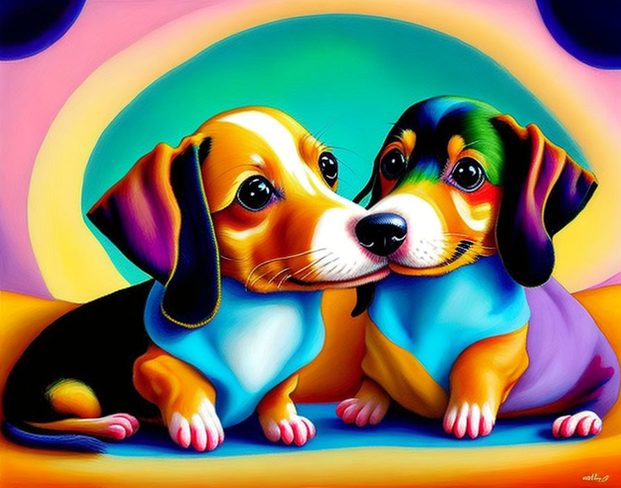 Colorful Cartoon-Style Dachshund Puppies on Vibrant Background