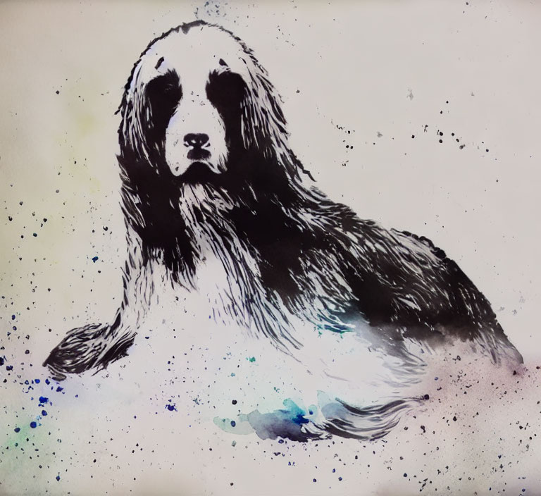 Long-Haired Dog Watercolor Painting with Black and White Fur and Ink Splatter Effects