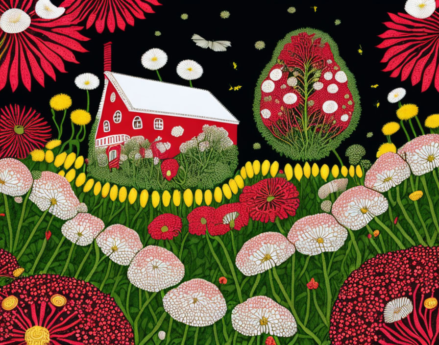 Colorful whimsical illustration of red farmhouse in vibrant floral scene