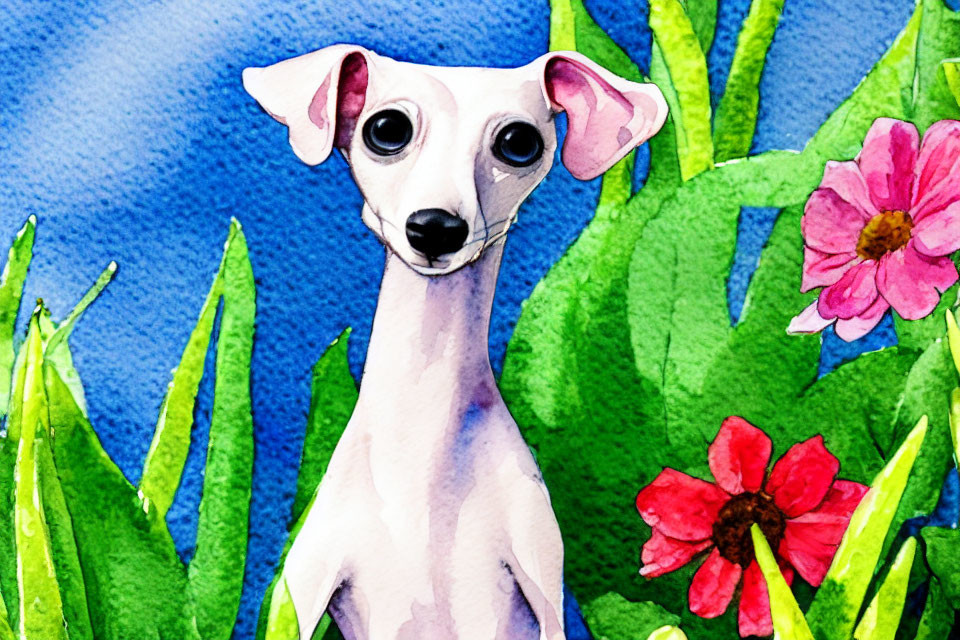 Slender white dog in watercolor with large ears among green leaves and red flowers on blue.