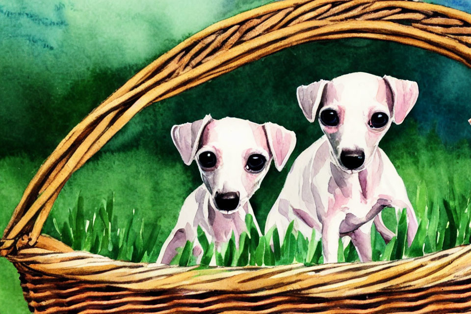 Adorable puppies in a basket on grass with watercolor background