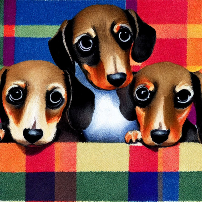 Three dachshund puppies with expressive eyes on checkered background