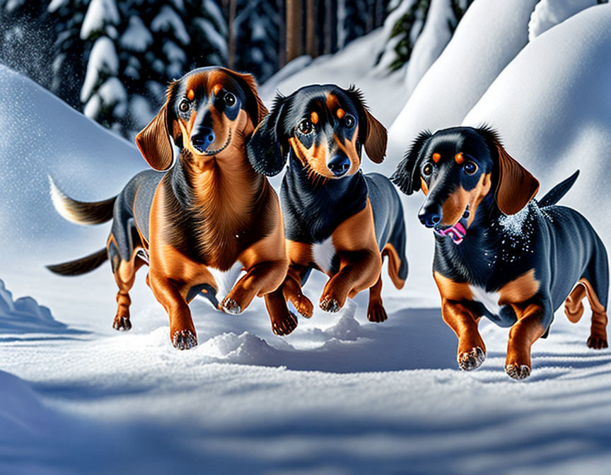 Three Dachshund Dogs Running in Snowy Landscape