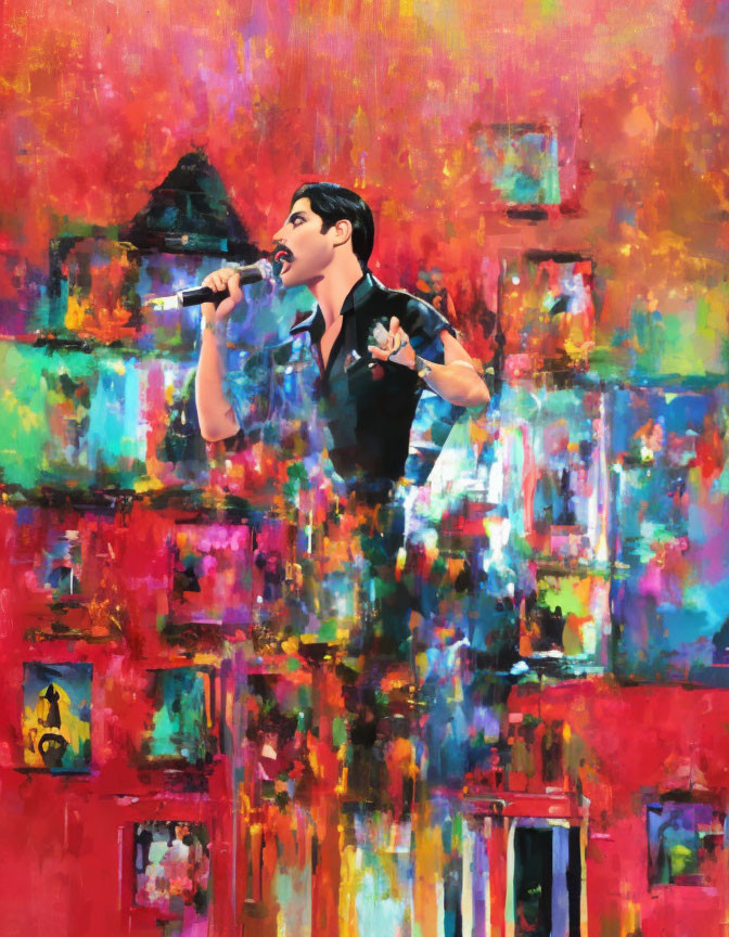 Colorful Painting of Performer Singing with Abstract Background