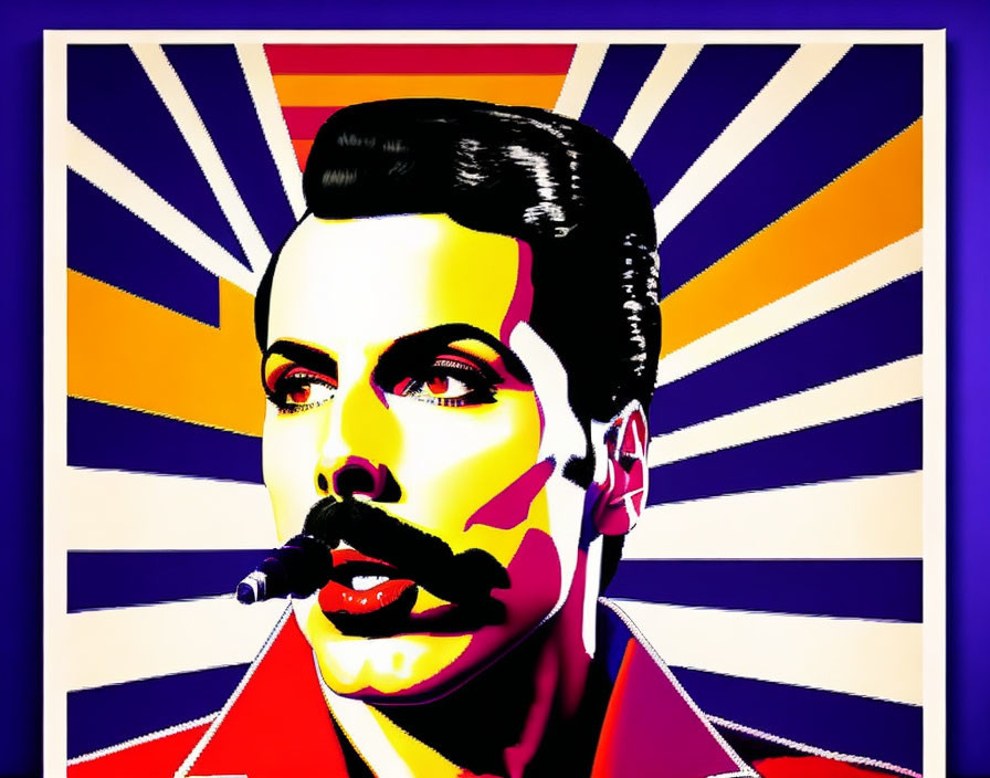 Colorful Pop Art Portrait: Mustached Person with Cigarette on Striped Sunburst Background