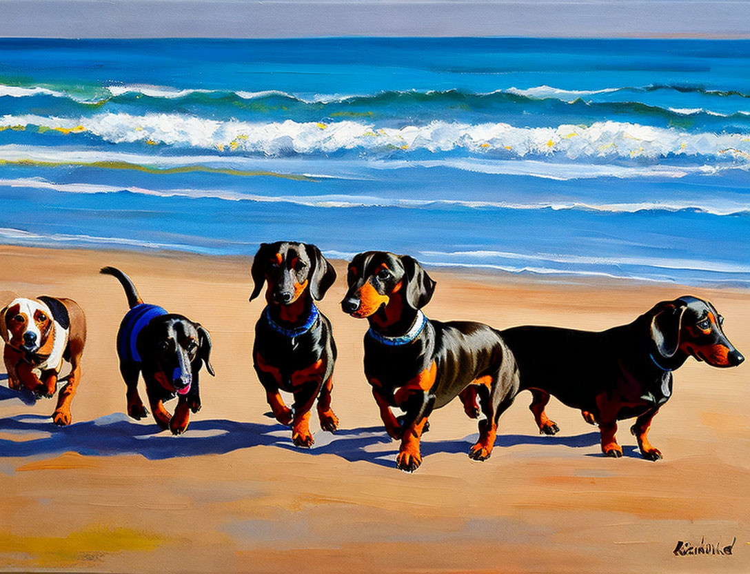 Five Dachshund Dogs Walking on Sandy Beach