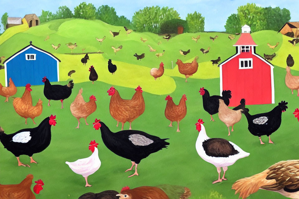 Colorful Countryside Scene: Chickens and Barns on Green Hills