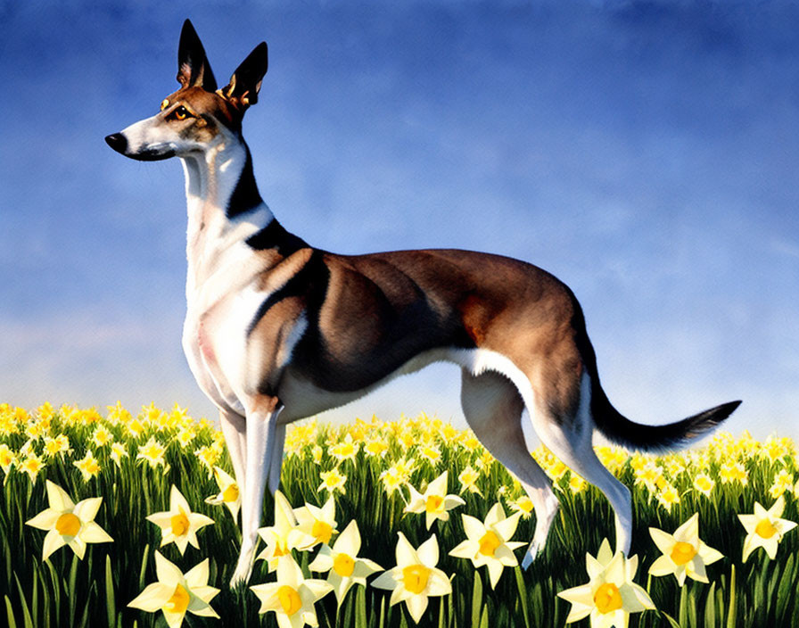 Brown and White Dog with Pointed Ears in Field of Daffodils