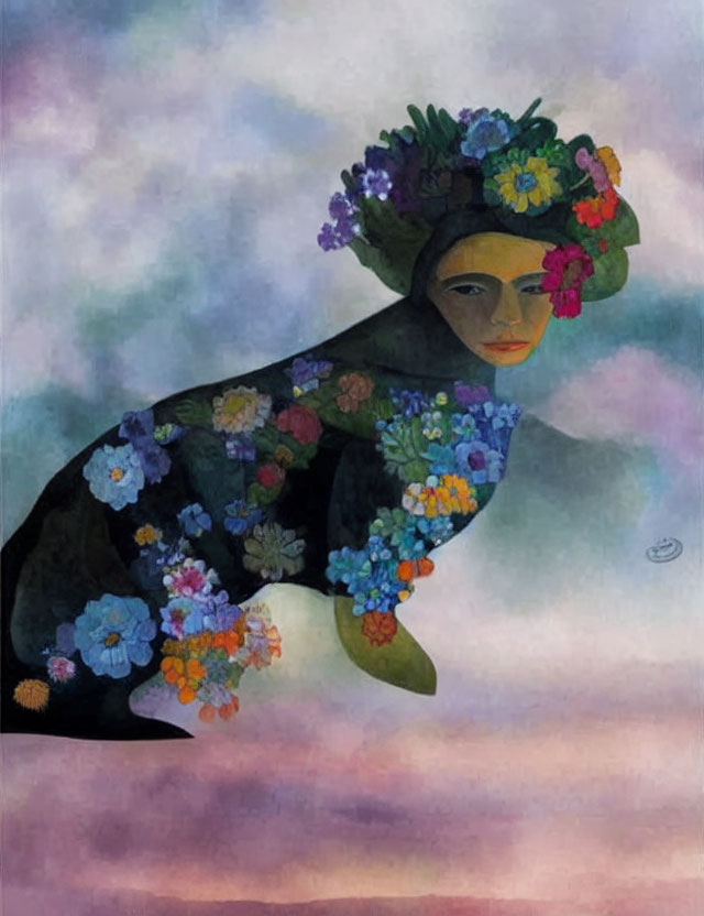 Female Figure with Floral Headdress in Dreamy Pastel Background