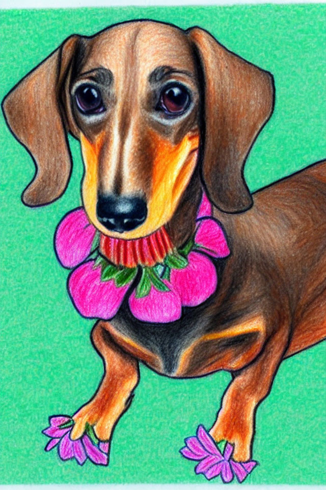 Dachshund illustration with big eyes and pink lei on green background