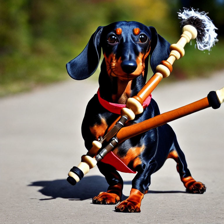 Black and Tan Dachshund with Toy Broom on Pathway