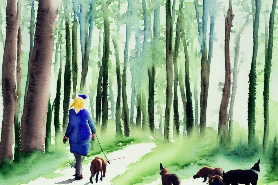 Person in Blue Coat Walking Four Dogs in Lush Green Watercolor Forest