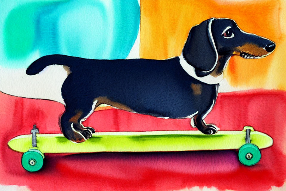 Dachshund Dog Skateboarding on Colorful Watercolor Background
