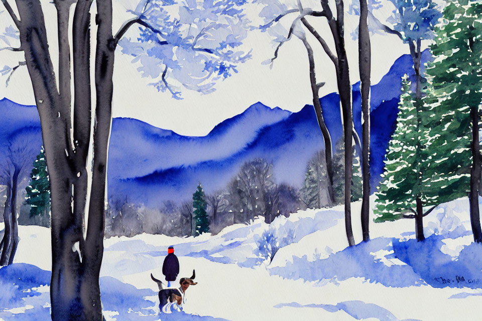 Person and dog in snowy landscape with trees and mountains