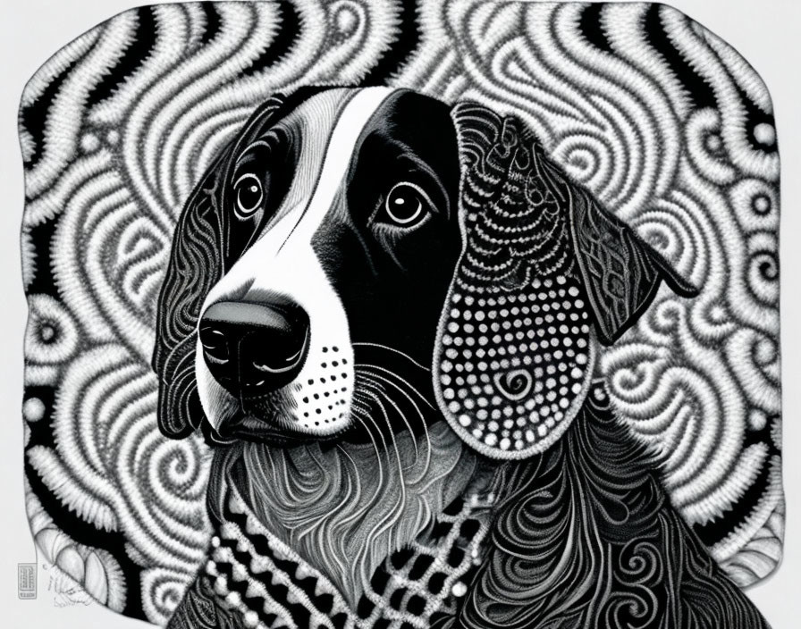 Detailed black & white dog illustration with swirling patterns in fur