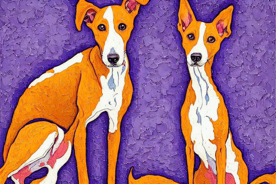 Stylized Dogs in Vibrant Colors on Textured Purple Background