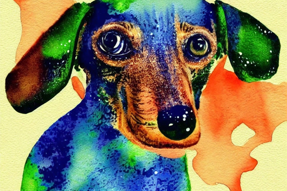 Vibrant watercolor painting of a dachshund in blue and green hues