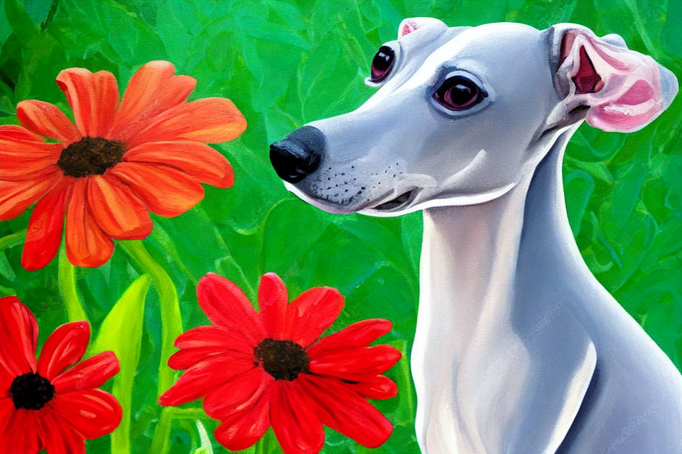 White Dog Among Red-Orange Flowers in Vibrant Green Background