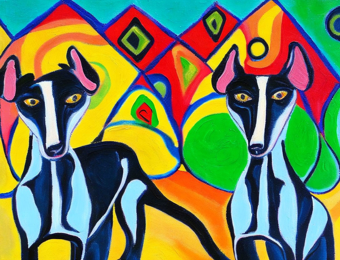 Stylized dogs with elongated features on colorful geometric backdrop