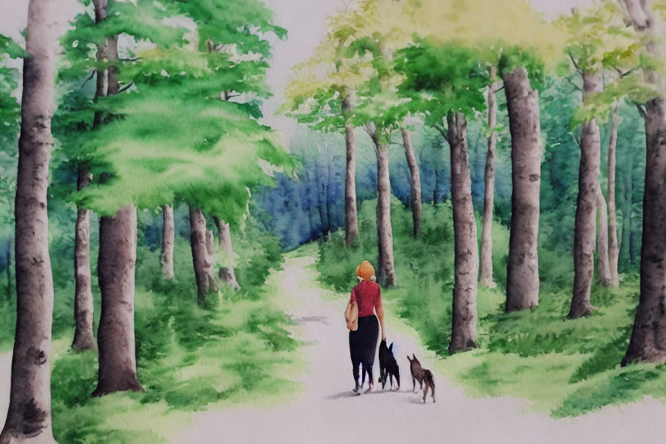 Person in Red Hat Walking with Two Dogs in Lush Forest Watercolor Art