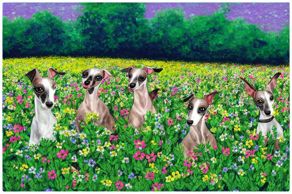 Five Whimsical Cartoon Italian Greyhounds in Colorful Wildflower Field